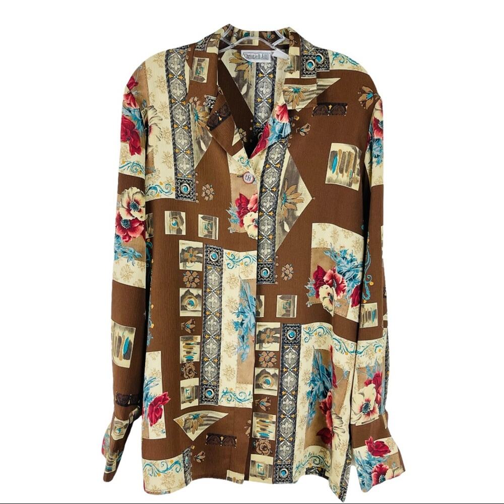 Vintage brown cream red floral roses 80s 90s button front shirt top large - Picture 1 of 9